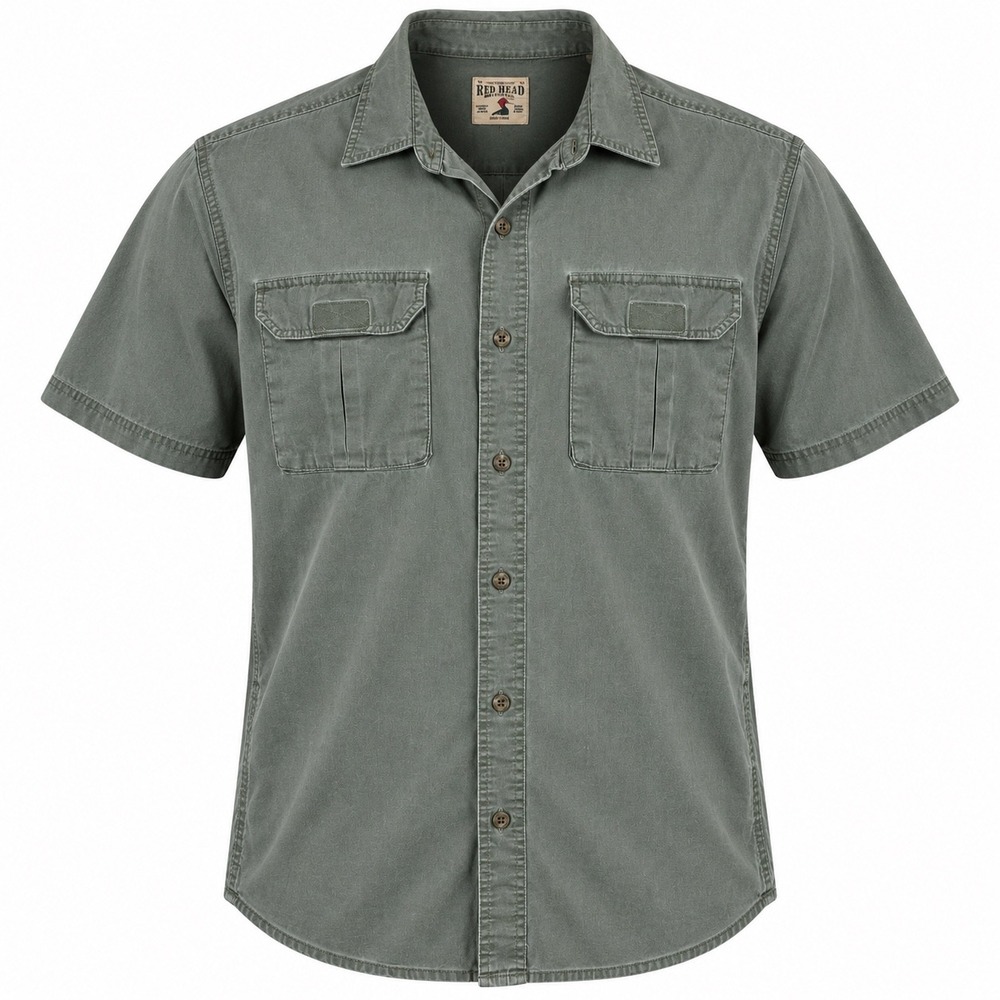 Red Head Mens Shirt L Cotton Green Short Sleeve Utility Workwear Safari Gorpcore